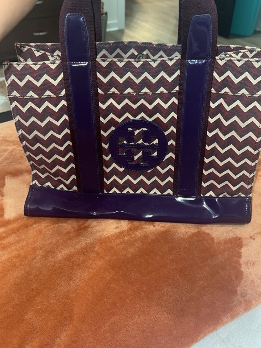 Tory Burch Purple Chevron Canvas Tote with Patent Trim